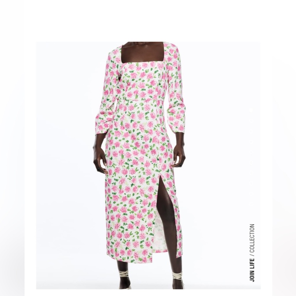 NWOT ZARA MULTICOLOURED FLORAL PRINT SQUARE CUT MIDI DRESS size medium